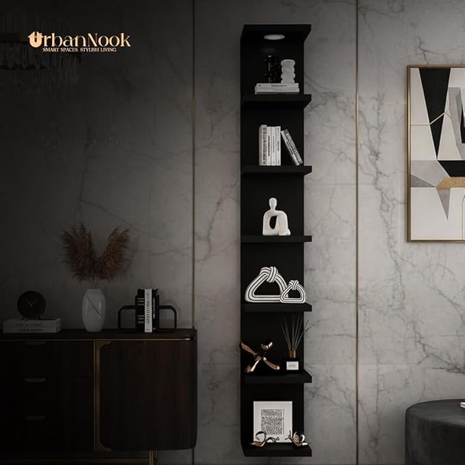 7-Tier Floating Wall Shelf with LED Lights – Modern Black Display Shelf