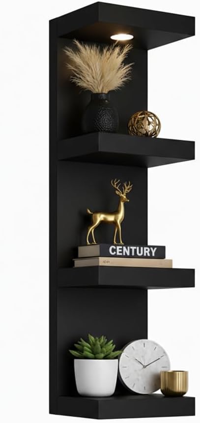 4-Tier Floating Wall Shelf with LED Lights – Modern Black Display Shelf