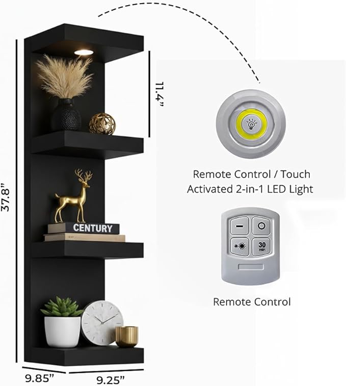 4-Tier Floating Wall Shelf with LED Lights – Modern Black Display Shelf