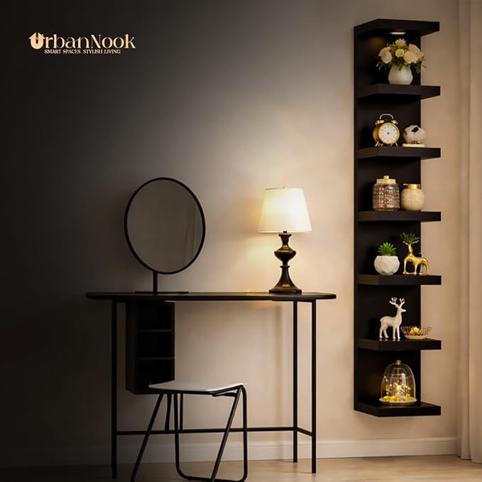 7-Tier Floating Wall Shelf with LED Lights – Modern Black Display Shelf