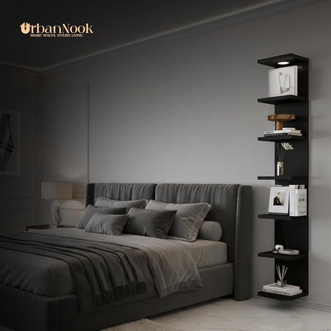 7-Tier Floating Wall Shelf with LED Lights – Modern Black Display Shelf