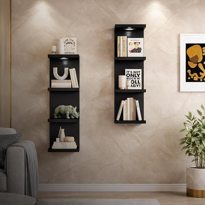 4-Tier Floating Wall Shelf with LED Lights – Modern Black Display Shelf