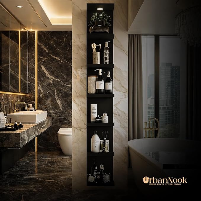 7-Tier Floating Wall Shelf with LED Lights – Modern Black Display Shelf