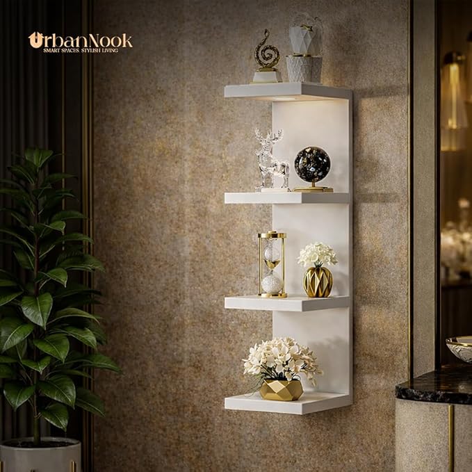 4-Tier Floating Wall Shelf with LED Lights – Modern White Display Shelf