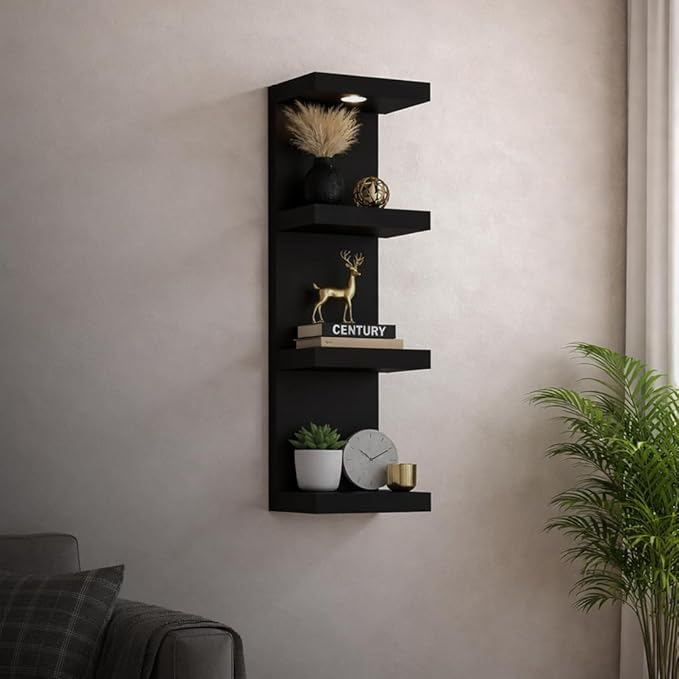 4-Tier Floating Wall Shelf with LED Lights – Modern Black Display Shelf