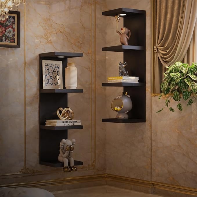 4-Tier Floating Wall Shelf with LED Lights – Modern Black Display Shelf